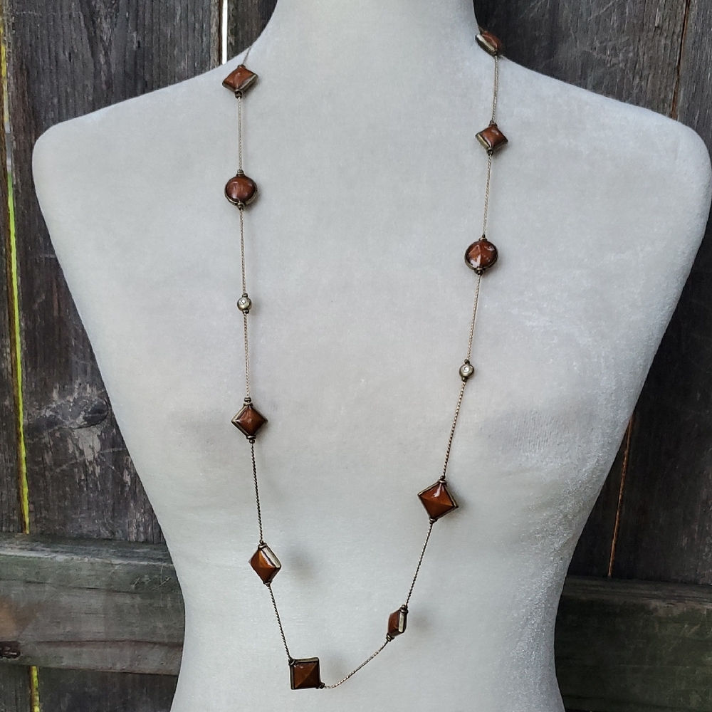Mythologie Brown Bead Goldtone Long Necklace Fashion Jewelry Layer